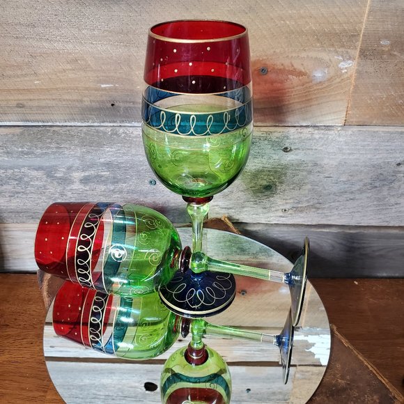 Vintage 90's Handpainted Crystal Christmas Bordeaux Wine Glasses - Pair - Picture 2 of 7